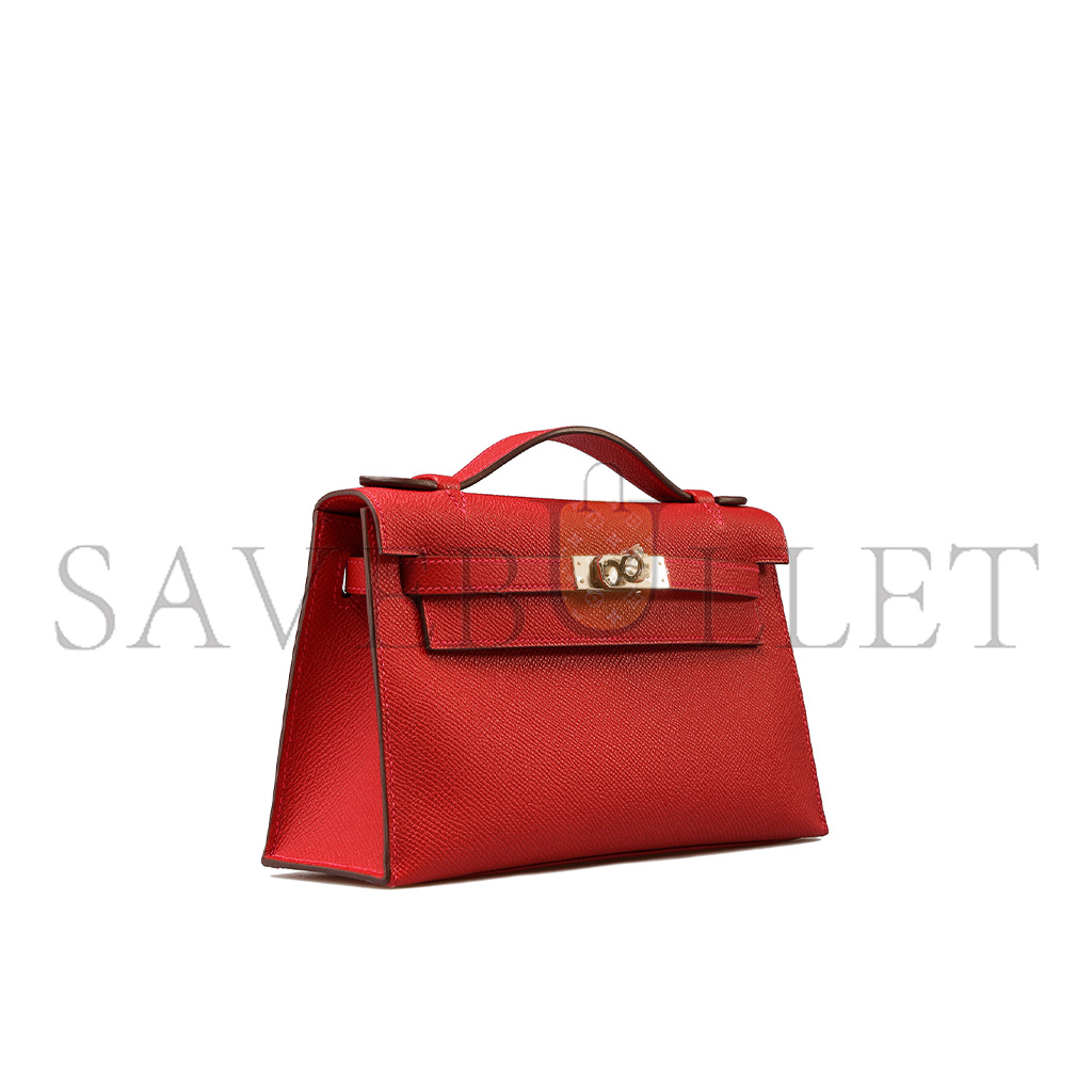 HERMES KELLY POCHETTE ROUGE CASAQUE EPSOM WITH PALLADIUM HARDWARE (22*14*7cm)